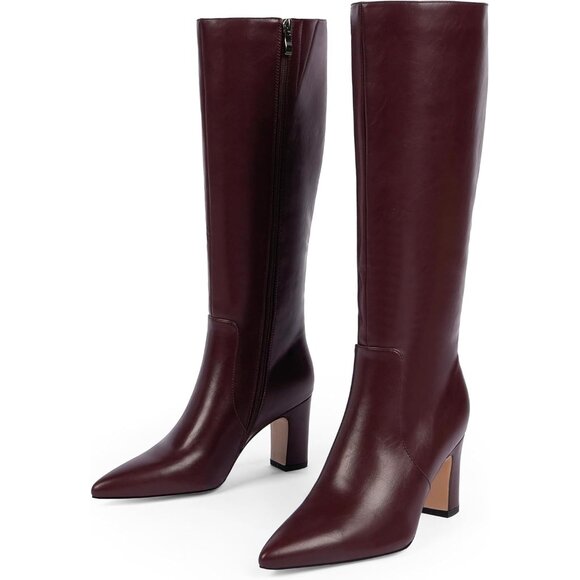 Women Burgundy Chunky Heel Pointed Toe Side Zipper Fall Dressy Comfortable Boots - Picture 7 of 9